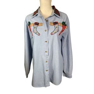 Signatures by Northern Isles Christmas Embroidered Chambray Shirt Blouse Top 12